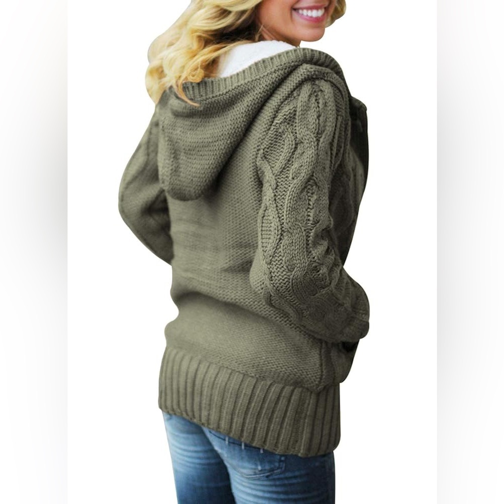 Sidefeel Hooded Cable Knit Cardigan Sherpa Lined Toggle Coat Green Size Large - Picture 3 of 14
